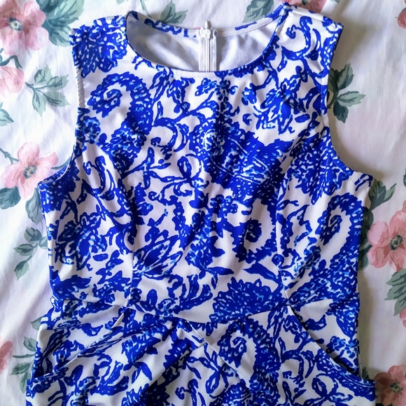 Blue White Tribal Porcelain Print Dress Pockets - Picture 3 of 9